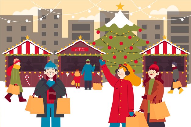 Dibujado a mano ilustración de mercado de navidad plano