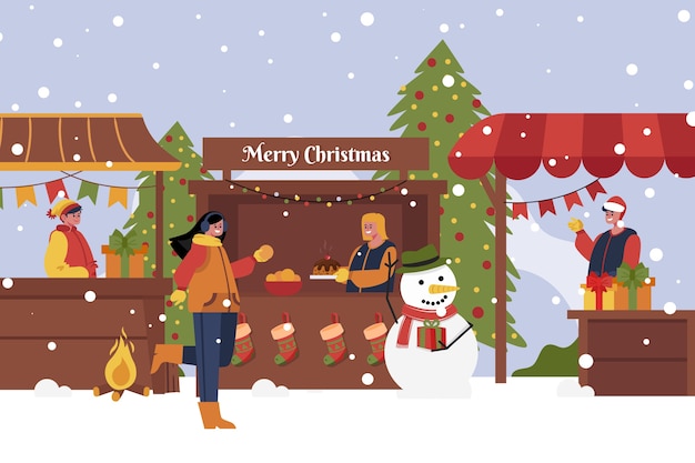 Dibujado a mano ilustración de mercado de navidad