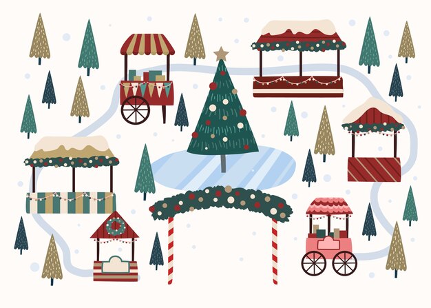 Dibujado a mano ilustración de mercado de navidad