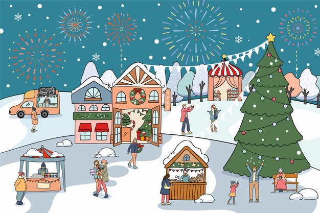 Dibujado a mano ilustración de mercado de navidad