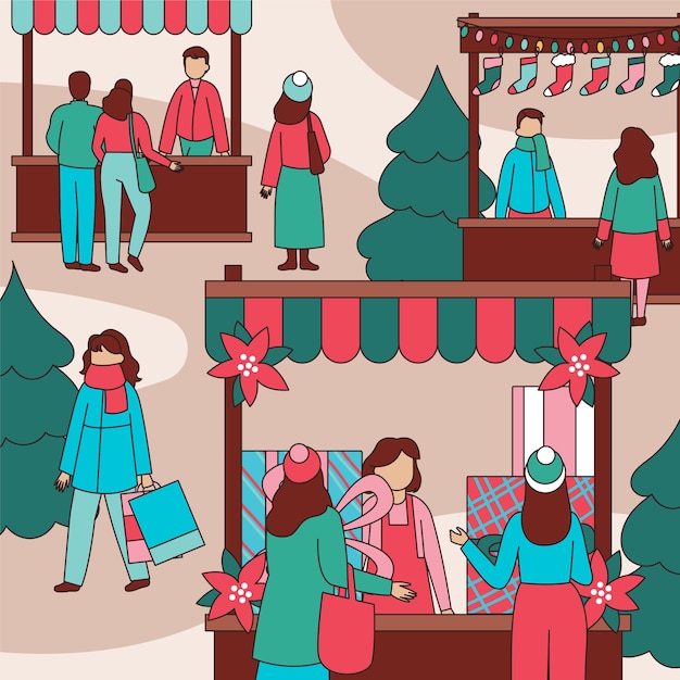 Dibujado a mano ilustración de mercado de navidad