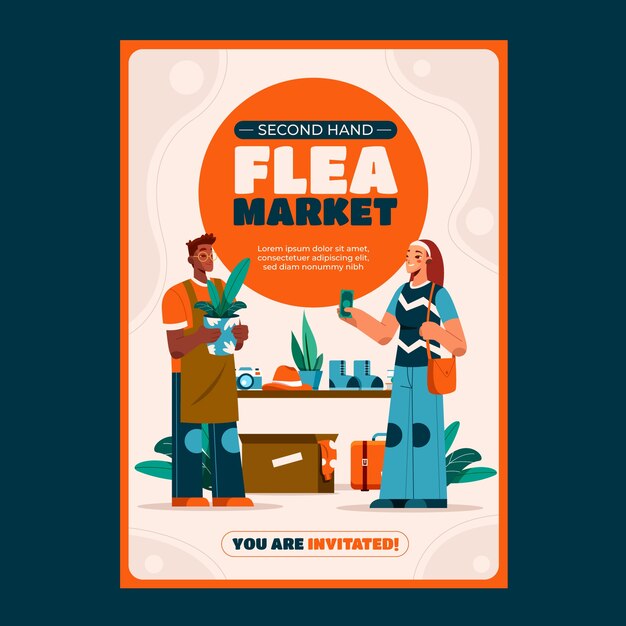 Dibujado a mano ilustración de mercado de pulgas de segunda mano