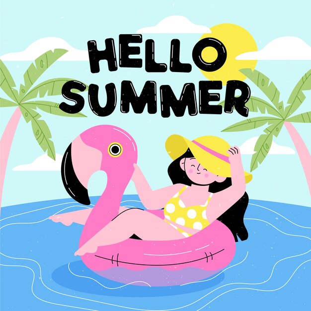 Dibujado a mano ilustración de mujer en anillo de natación flamingo
