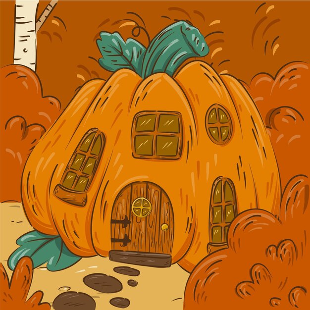 Dibujado a mano ilustración de otoño con casa de calabaza