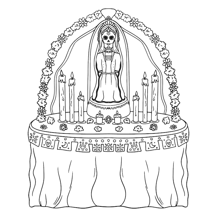 Vector gratuito dibujado a mano ilustración de página para colorear de altar de dia de muertos