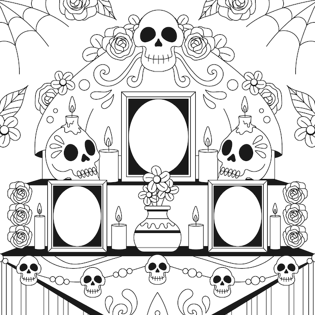 Vector gratuito dibujado a mano ilustración de página para colorear de altar de dia de muertos