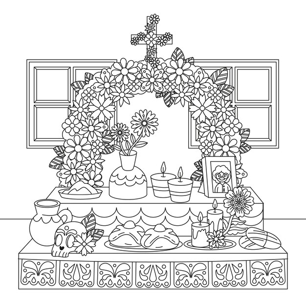 Dibujado a mano ilustración de página para colorear de altar de muertos del dia de muertos