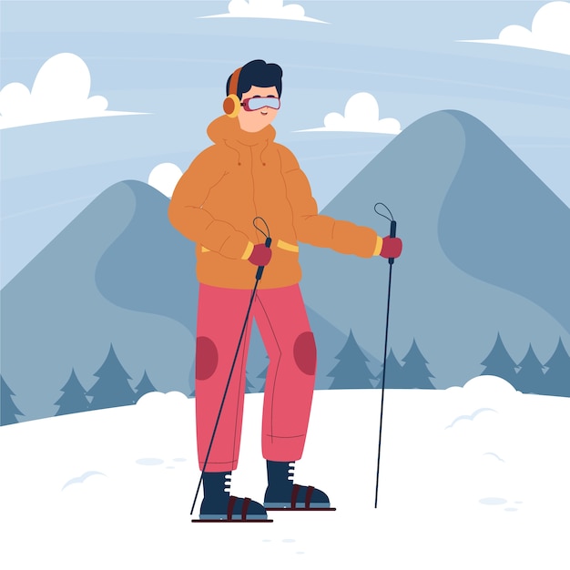 Dibujado a mano ilustración de persona con raquetas de nieve