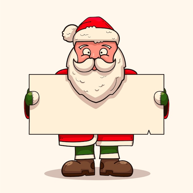 Dibujado a mano ilustración de personaje navideño sosteniendo pancarta en blanco