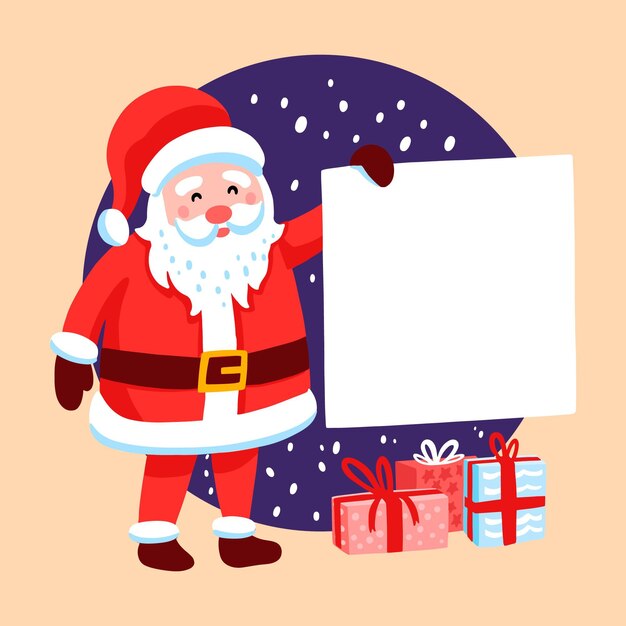 Dibujado a mano ilustración de personaje navideño sosteniendo pancarta en blanco