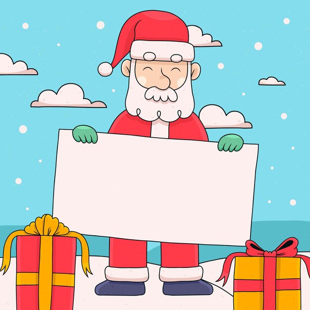 Dibujado a mano ilustración de personaje navideño sosteniendo pancarta en blanco