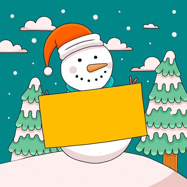 Dibujado a mano ilustración de personaje navideño sosteniendo pancarta en blanco