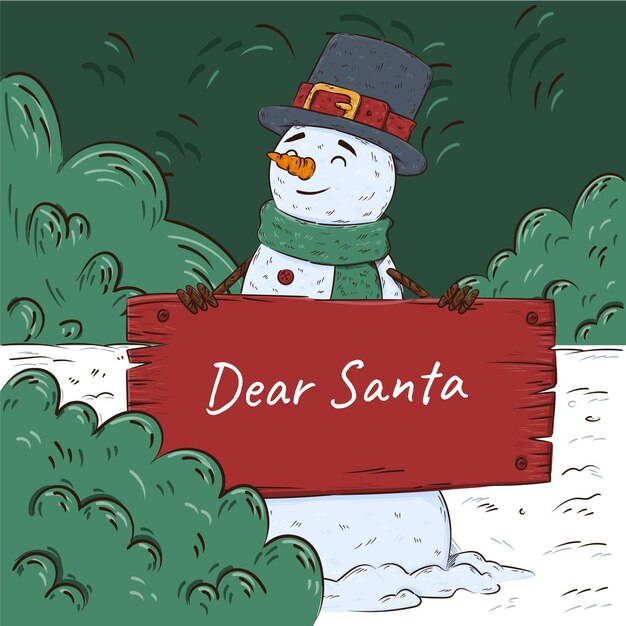 Dibujado a mano ilustración de personaje navideño sosteniendo pancarta en blanco