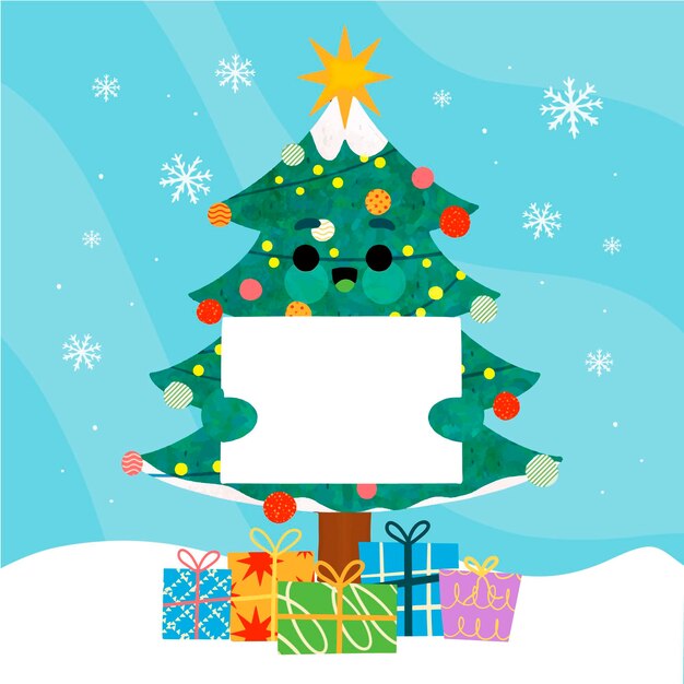 Dibujado a mano ilustración de personaje navideño sosteniendo pancarta en blanco