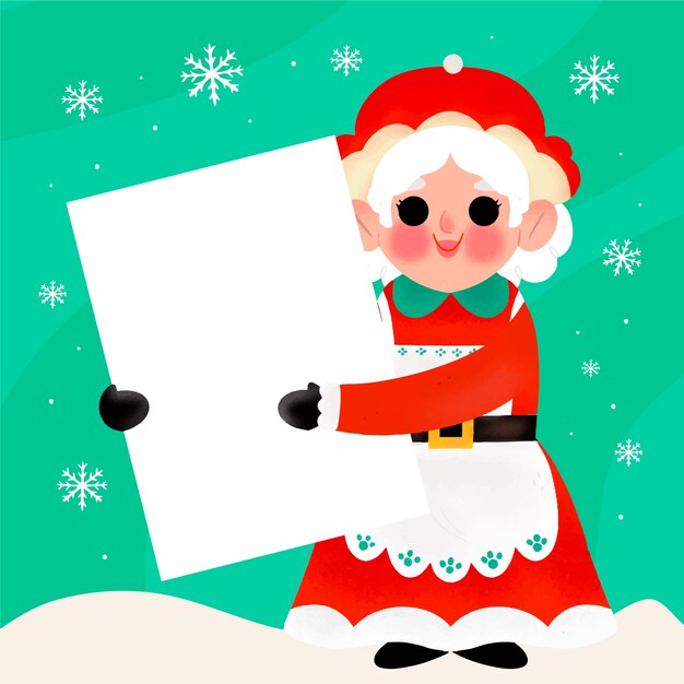 Dibujado a mano ilustración de personaje navideño sosteniendo pancarta en blanco