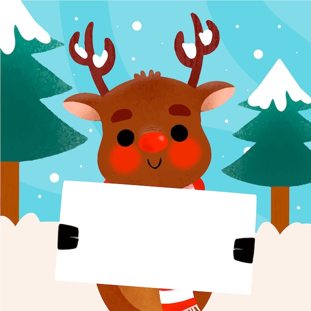 Dibujado a mano ilustración de personaje navideño sosteniendo pancarta en blanco