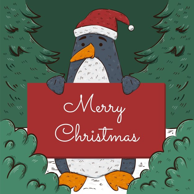 Dibujado a mano ilustración de personaje navideño sosteniendo pancarta en blanco