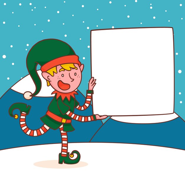 Dibujado a mano ilustración de personaje navideño sosteniendo pancarta en blanco