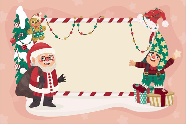 Dibujado a mano ilustración de personaje navideño sosteniendo pancarta en blanco
