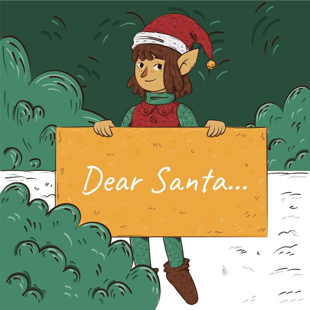 Dibujado a mano ilustración de personaje navideño sosteniendo pancarta en blanco