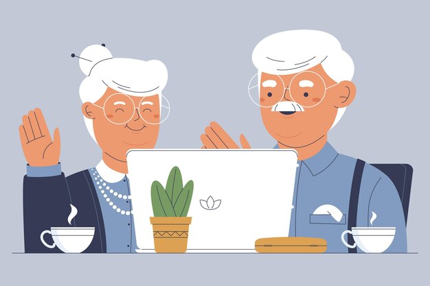 Dibujado a mano ilustración personas mayores usando tecnología