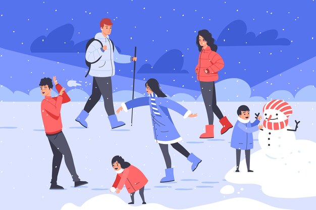 Dibujado a mano ilustración plana de gente de invierno