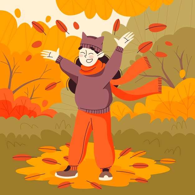 Dibujado a mano ilustración plana de otoño con mujer feliz al aire libre