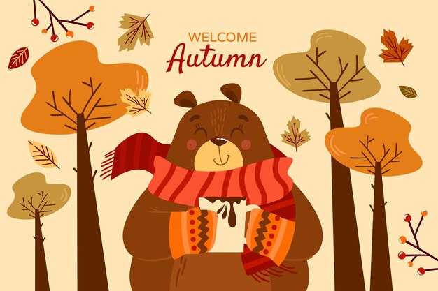 Dibujado a mano ilustración plana de otoño con oso sosteniendo bebida caliente