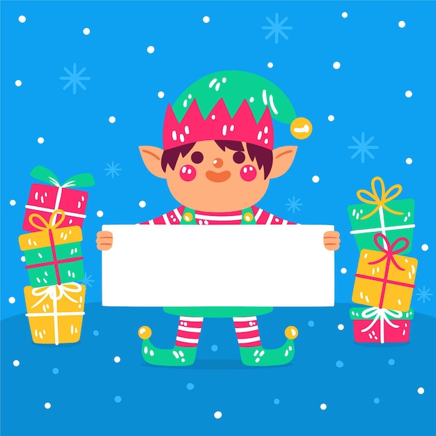 Vector gratuito dibujado a mano ilustración plana de personaje navideño sosteniendo pancarta en blanco