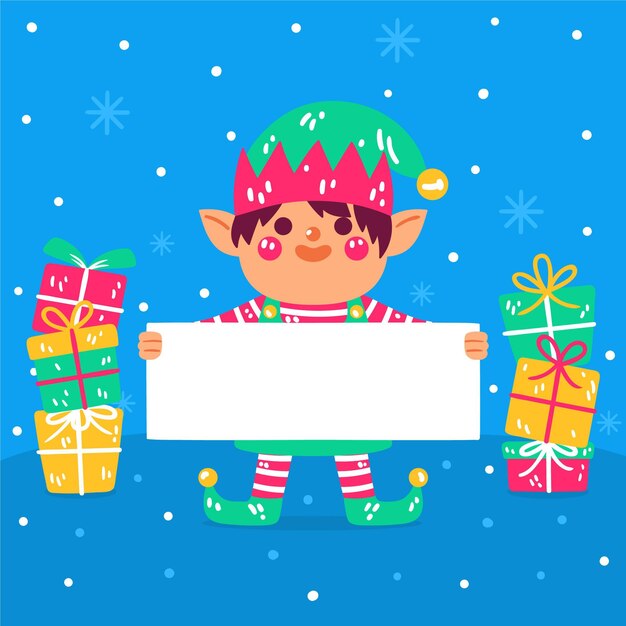 Dibujado a mano ilustración plana de personaje navideño sosteniendo pancarta en blanco