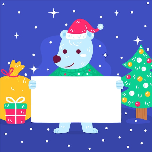 Dibujado a mano ilustración plana de personaje navideño sosteniendo pancarta en blanco