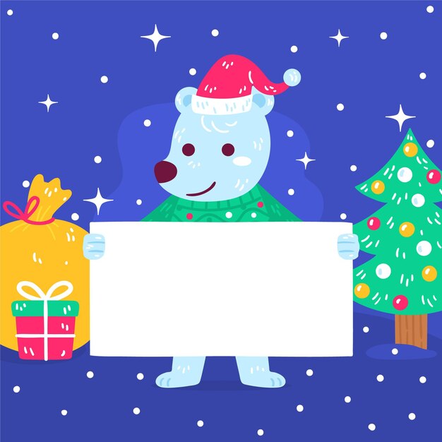 Dibujado a mano ilustración plana de personaje navideño sosteniendo pancarta en blanco