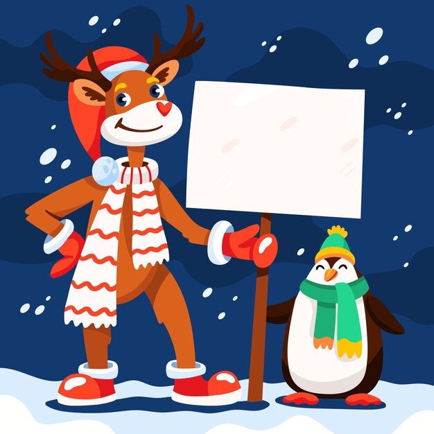 Dibujado a mano ilustración plana de personaje navideño sosteniendo pancarta en blanco