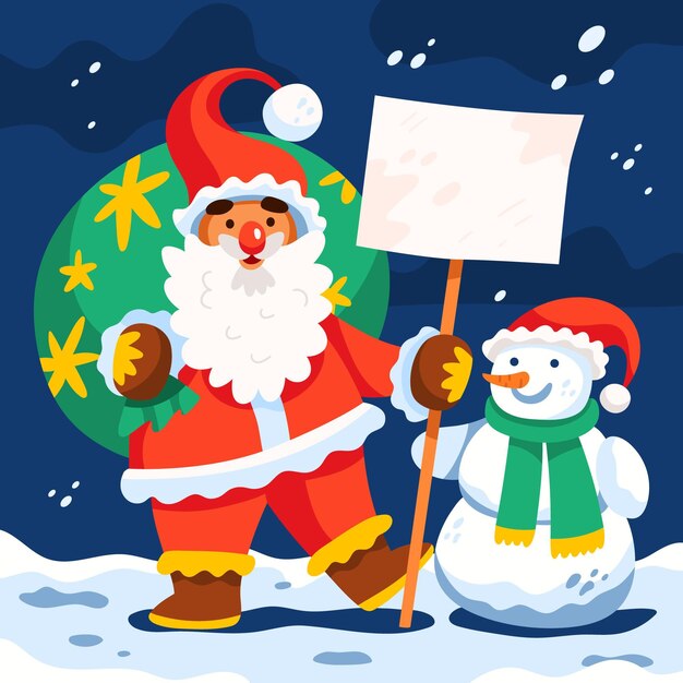 Dibujado a mano ilustración plana de personaje navideño sosteniendo pancarta en blanco