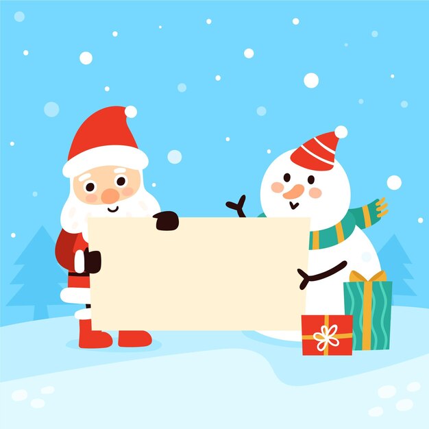 Dibujado a mano ilustración plana de personaje navideño sosteniendo pancarta en blanco