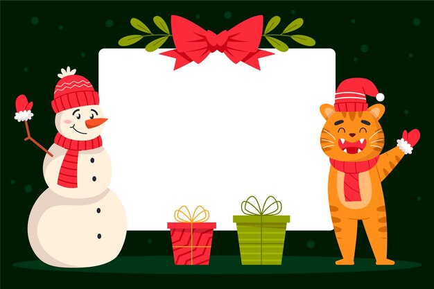 Dibujado a mano ilustración plana de personaje navideño sosteniendo pancarta en blanco
