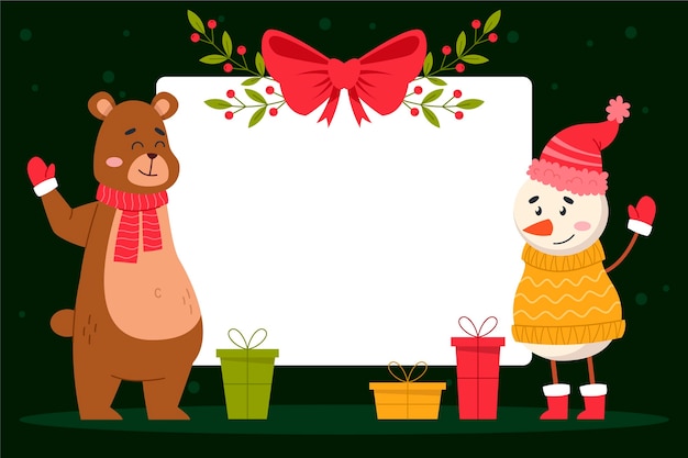 Dibujado a mano ilustración plana de personaje navideño sosteniendo pancarta en blanco