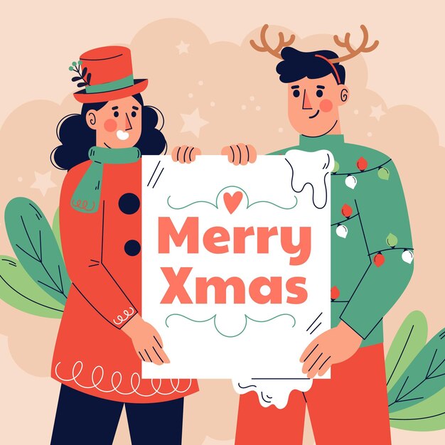 Dibujado a mano ilustración plana de personaje navideño sosteniendo pancarta en blanco