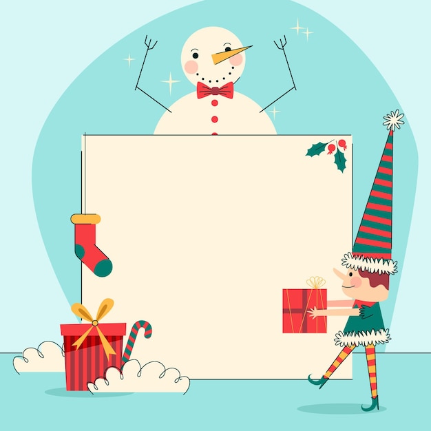 Dibujado a mano ilustración plana de personaje navideño sosteniendo pancarta en blanco