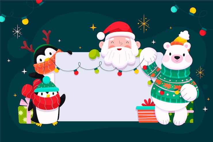 Vector gratuito dibujado a mano ilustración plana de personaje navideño sosteniendo pancarta en blanco