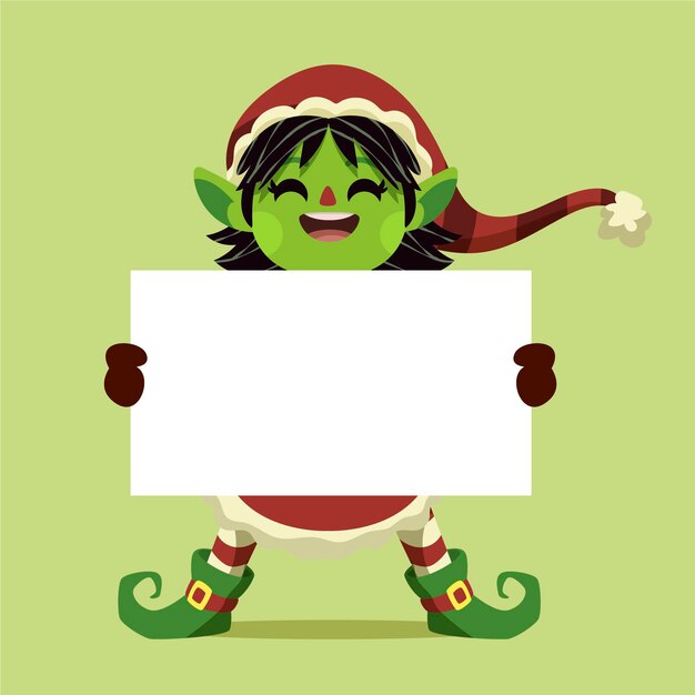 Dibujado a mano ilustración plana de personaje navideño sosteniendo pancarta en blanco