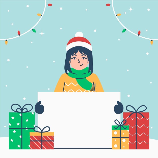 Dibujado a mano ilustración plana de personaje navideño sosteniendo pancarta en blanco
