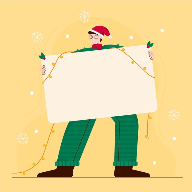 Dibujado a mano ilustración plana de personaje navideño sosteniendo pancarta en blanco