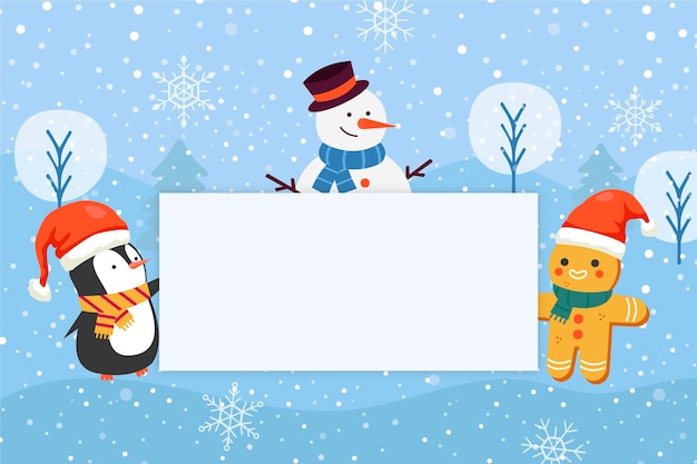 Dibujado a mano ilustración plana de personajes navideños con pancarta en blanco