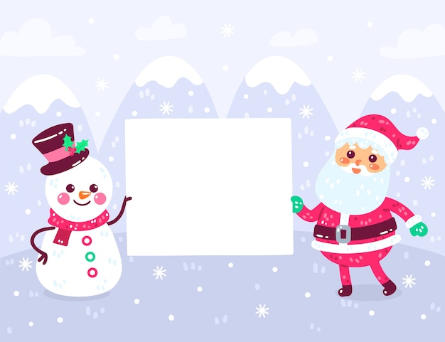 Dibujado a mano ilustración plana de personajes navideños con pancarta en blanco