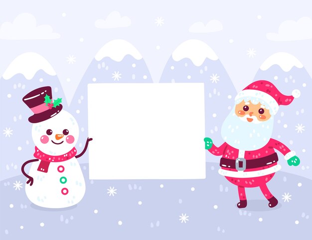 Dibujado a mano ilustración plana de personajes navideños con pancarta en blanco