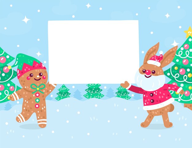 Dibujado a mano ilustración plana de personajes navideños con pancarta en blanco