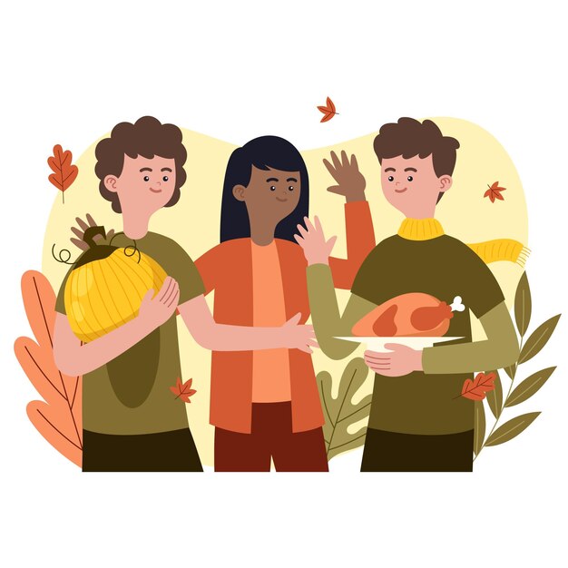 Dibujado a mano ilustración plana de personas celebrando el día de acción de gracias