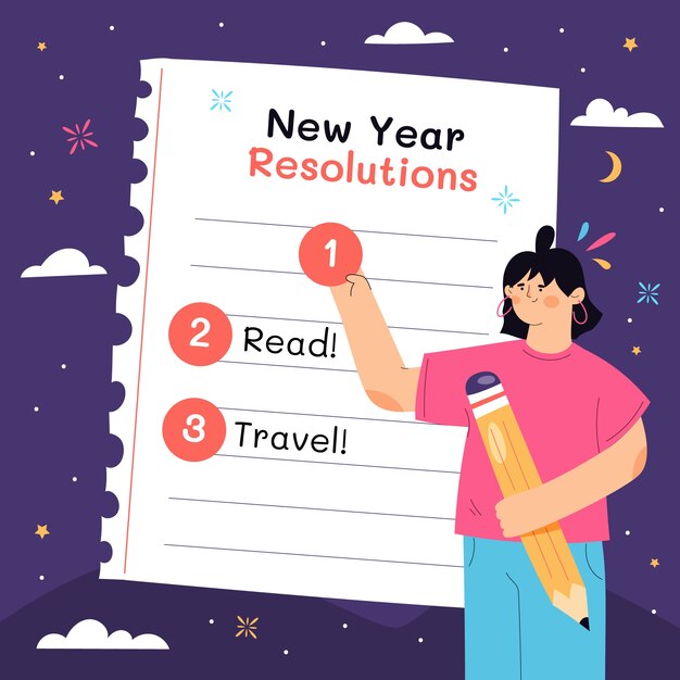 Dibujado a mano ilustración plana de resoluciones de año nuevo