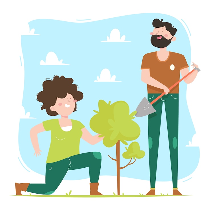 Vector gratuito dibujado a mano ilustración de plantación de árboles de diseño plano